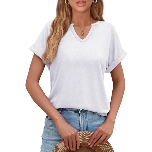 Automet White V-Neck T-Shirt‎ Cuffed Classic Short Sleeves Casual Top Size M NWT - Picture 1 of 10